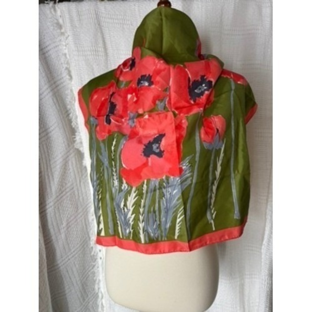 Vera Neumann Vintage Red Poppy Floral Square‎ Scarf Olive Green Coral Pink 25x25